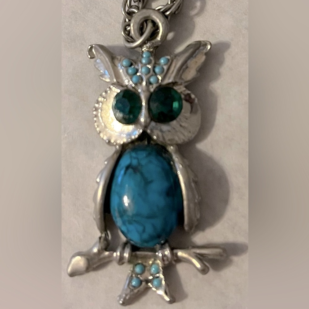 Silver and Blue Owl Necklace with Turquoise Stone